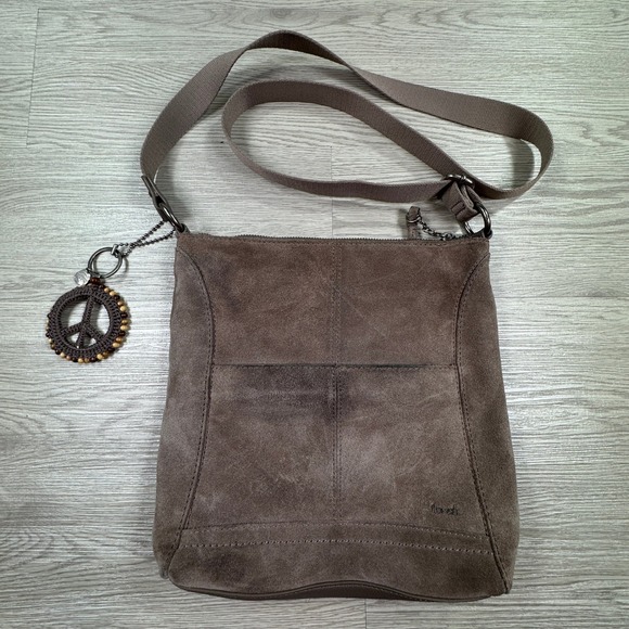 The Sak Handbags - The Sak Women's Crossbody Bag Suede Leather Brown Medium Peace Sign Charm Boho